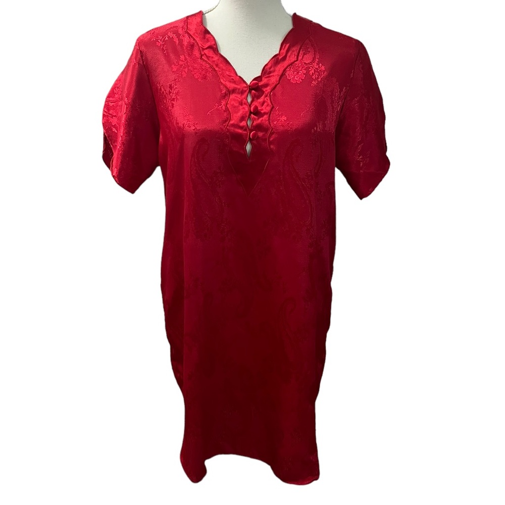 Vintage Erika Taylor Intimates Sleep Shirt Red Floral Scalloped Neck Trim Sz S